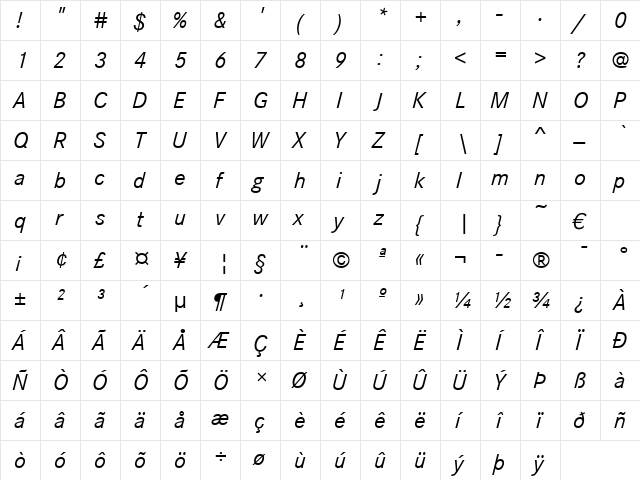 CorpoS Italic  glyph index