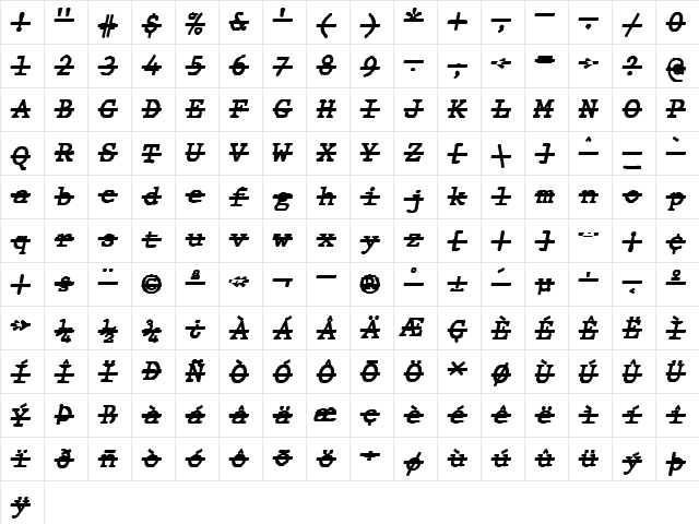JMH Typewriter mono Over Italic  glyph index