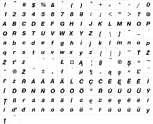 PragmaticaETT BoldItalic  glyph index