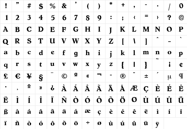 LucasBecker Bold  glyph index