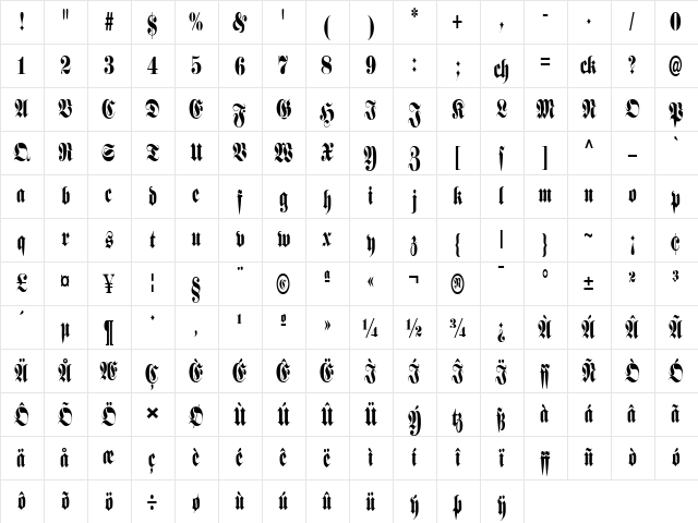 Schmalfette Fraktur Regular  glyph index
