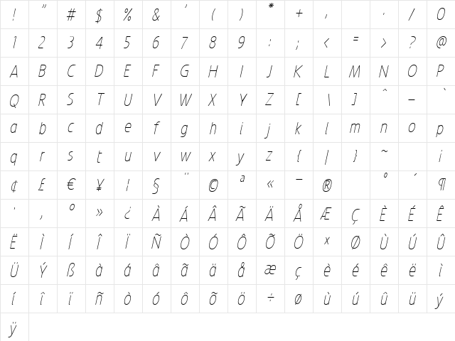 Revalo ModernThin Italic Regular  glyph index