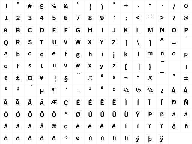 News Gothic Becker Demi Regular  glyph index