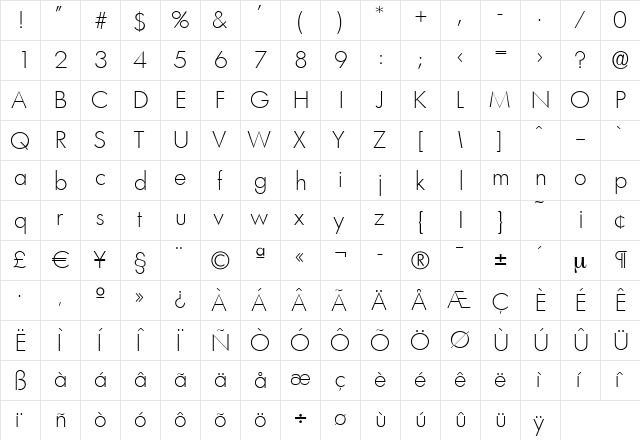 PeterBecker-ExtraLight Regular  glyph index
