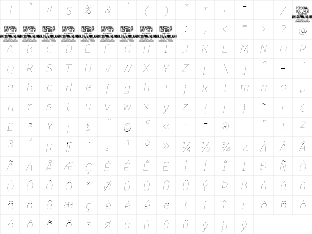 Mainland PERSONAL Thin Italic  glyph index