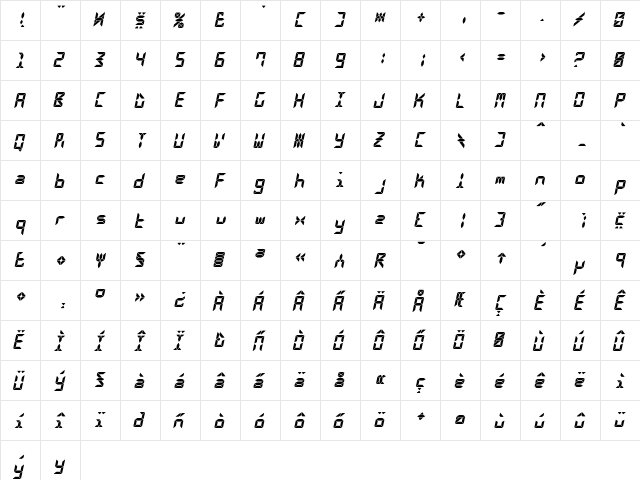 Calculus LCDOblique  glyph index