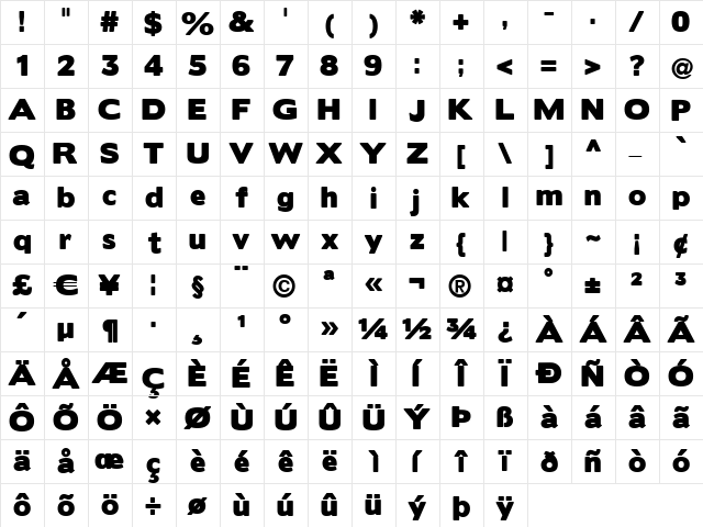 BorisBlackBloxx Regular  glyph index