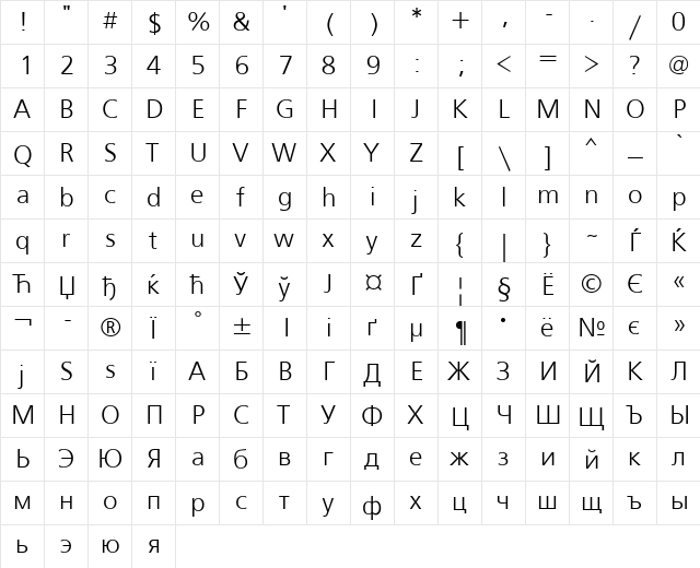 FreeSetC Regular  glyph index