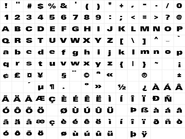 Black Dog 4 Regular  glyph index