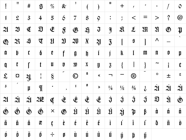 Missal Regular  glyph index