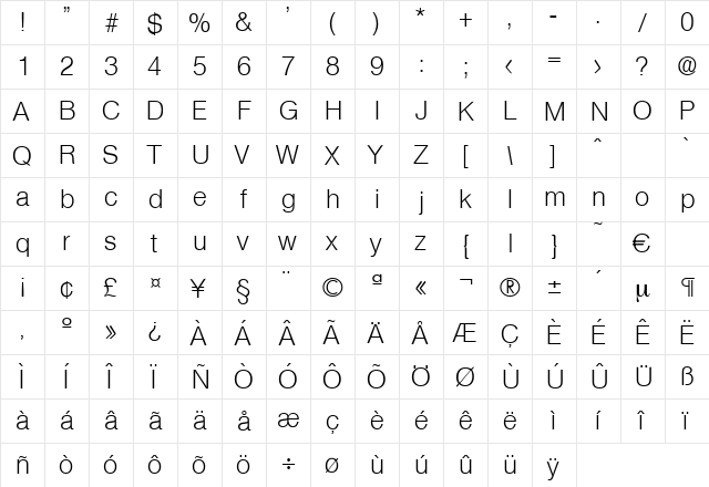 Olympia-Light Regular  glyph index