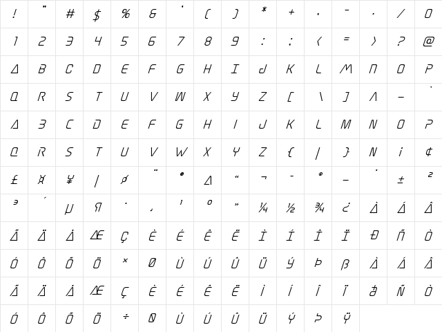 Elite Danger Semi-Bold Super-Italic Semi-Bold Italic  glyph index