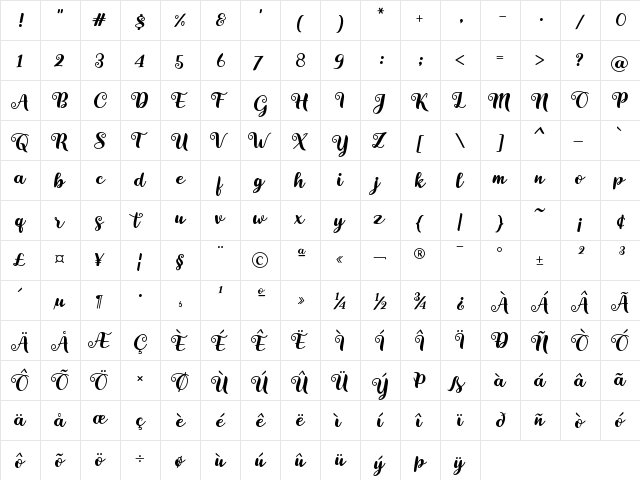 Creatie Regular  glyph index