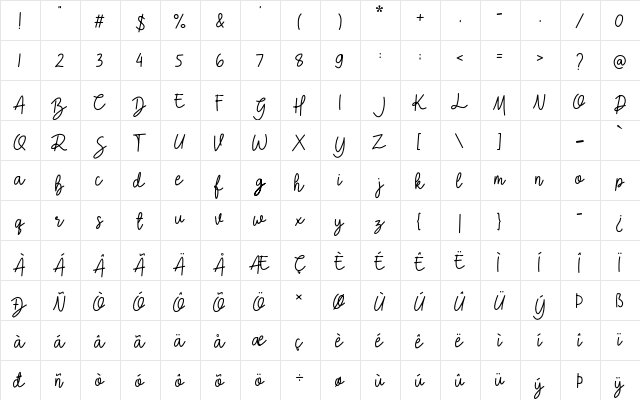 Crellia Script  glyph index