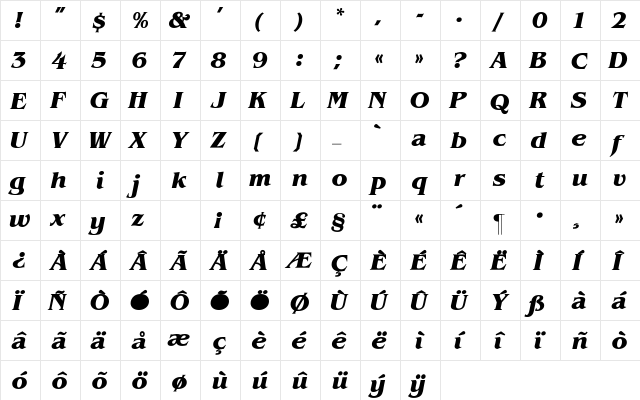Benguiat-BoldItalic Regular  glyph index