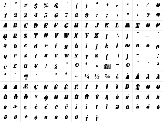 FuturistBlack Italic  glyph index