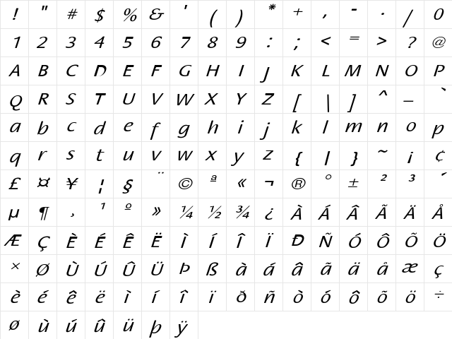 FloraExtObl-Normal Regular  glyph index