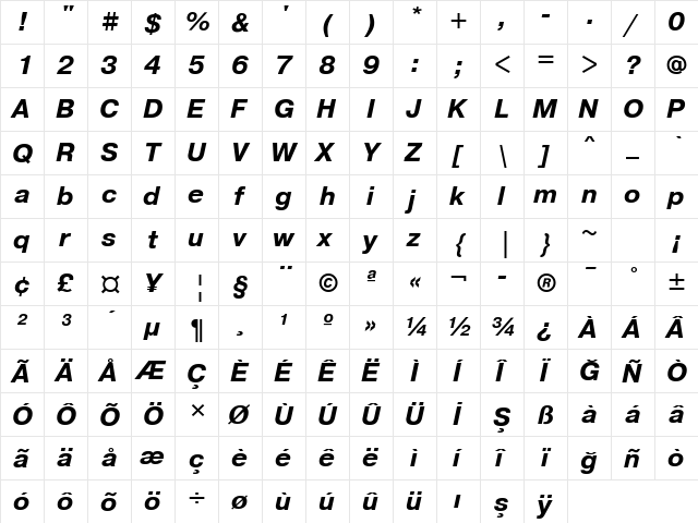 PragmaticaTTT BoldItalic  glyph index