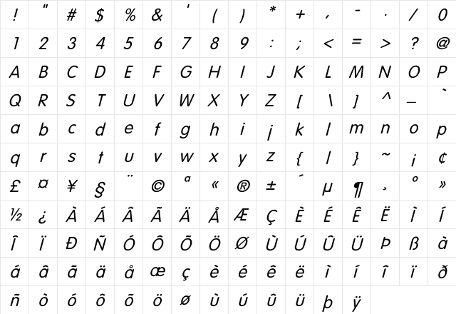 VAGRounded-Light Italic Regular  glyph index