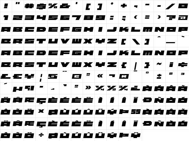 Beekman-SquareBoldItalic Regular  glyph index