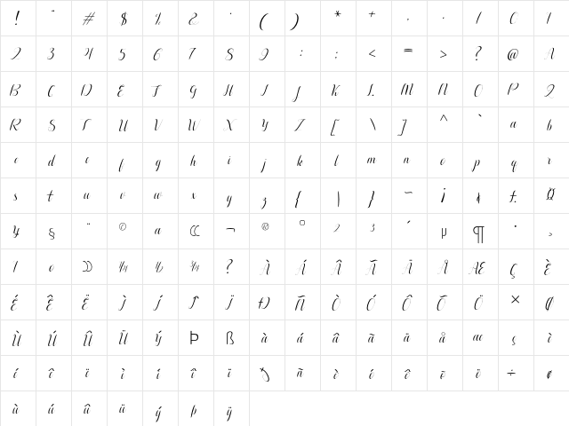 Aurelia Regular  glyph index