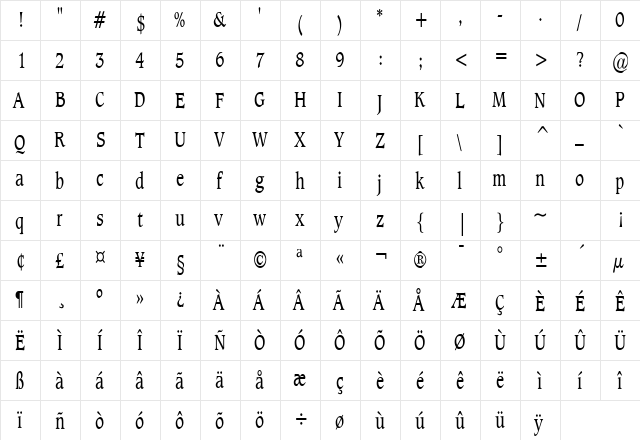 Clayton Thin Normal  glyph index