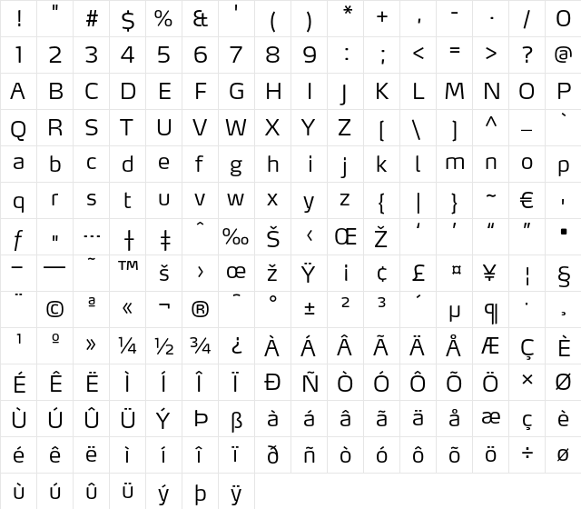 MaxLF-Light Regular  glyph index
