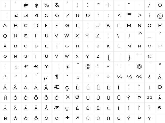 EngraversGothic BT Regular  glyph index