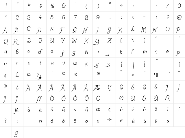 PensleCaligraf Regular  glyph index