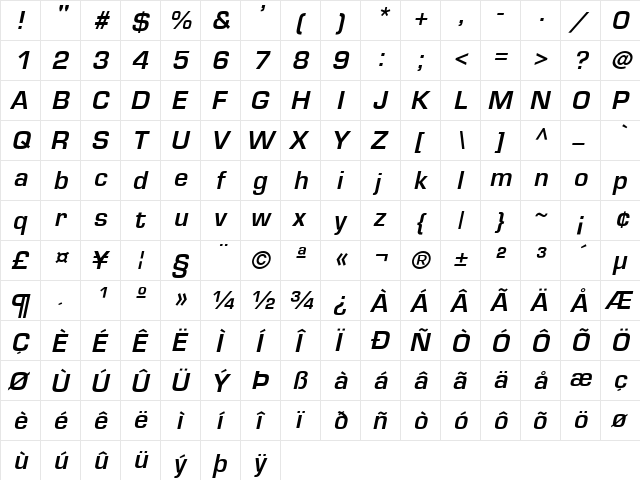 Euromode Bold Italic  glyph index