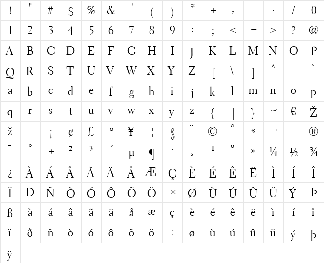 Electra LT Display Regular  glyph index