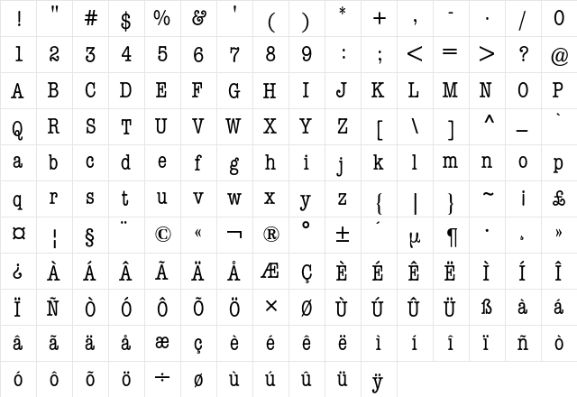 AmericanTypewriterCondensedBQ Regular  glyph index