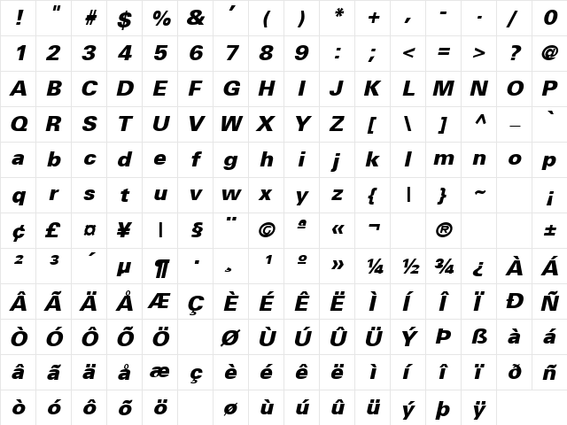 Black Dog 17 Italic  glyph index