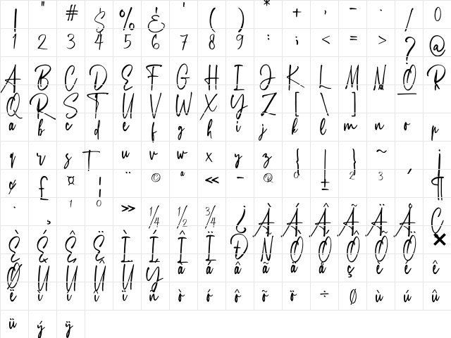 Silmastin Regular  glyph index