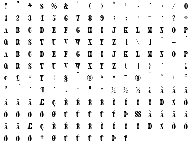 GE Old West Caps Regular  glyph index