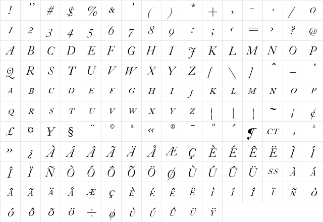 CaslonZH-SC-Italic Regular  glyph index