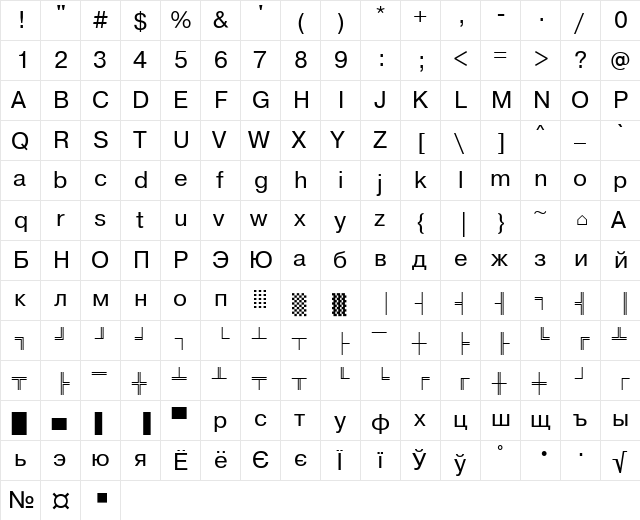 PragmaticaDOSCTT Regular  glyph index