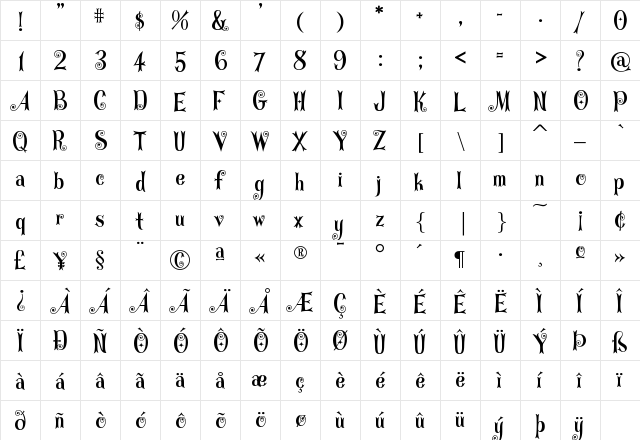 CurlyStars Regular  glyph index