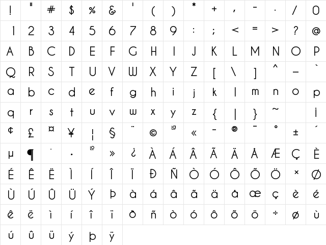 Caviar Dreams Bold  glyph index