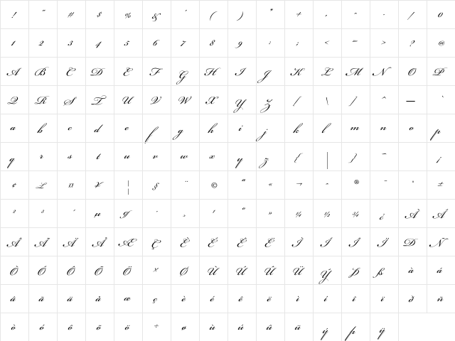 Bickham Script 400 Italic  glyph index