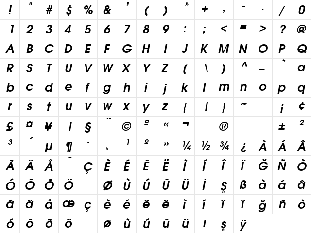 TR Avalon Bold Italic  glyph index