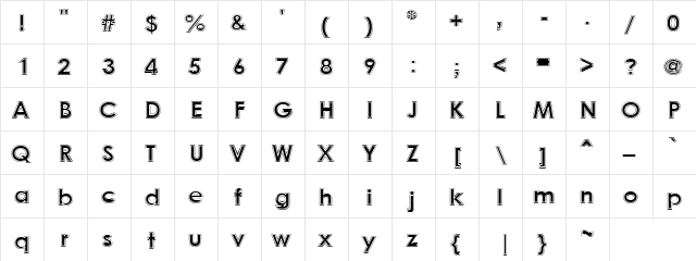 Outline Presto Regular  glyph index