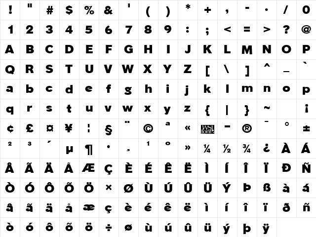 PhinsterHeavy Regular  glyph index