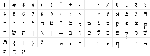 Jiddish Regular  glyph index
