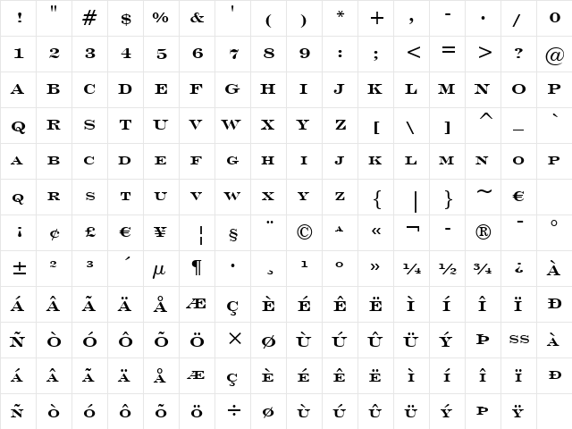 EngravrsRoman Bd BT Bold  glyph index