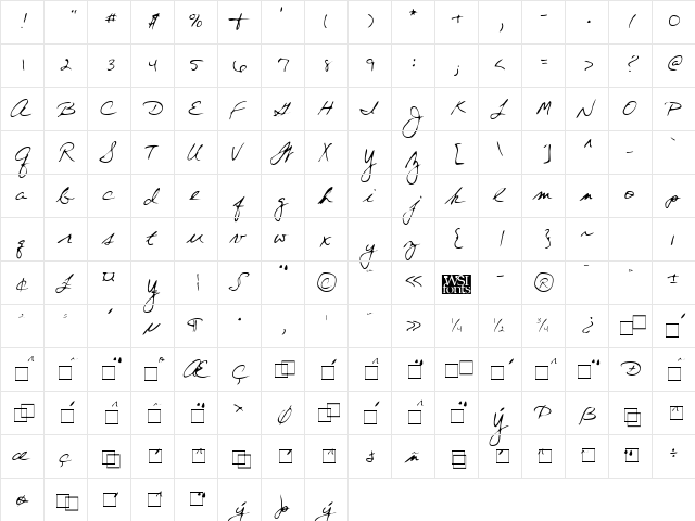 MerylsHand Regular  glyph index