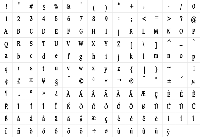 Clayton Thin Bold  glyph index