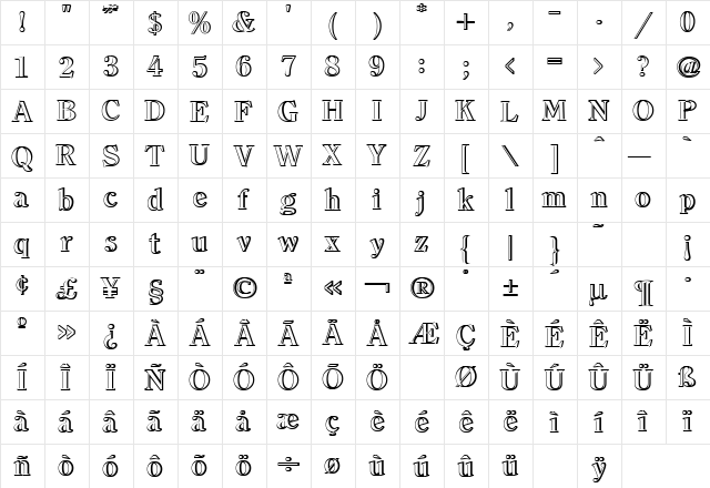 Clearface Outline Shadow Regular  glyph index