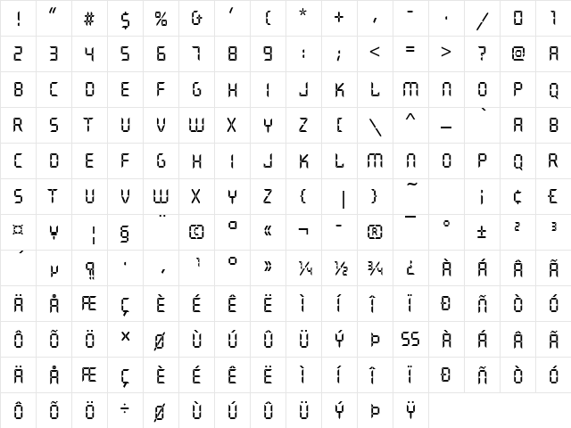 QuartzBolD Regular  glyph index