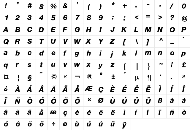 Neue Helvetica BQ Regular  glyph index